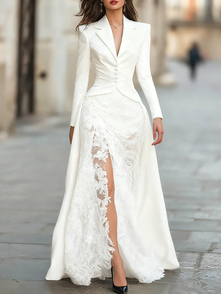 Blazer Lace Slit Wedding Gown Dress