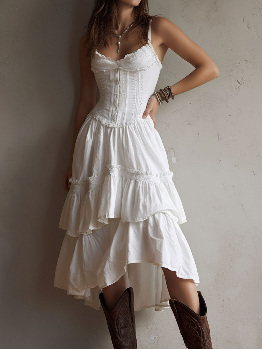 Retro Boho Corset Tiered Midi Dress With Lace-Trim
