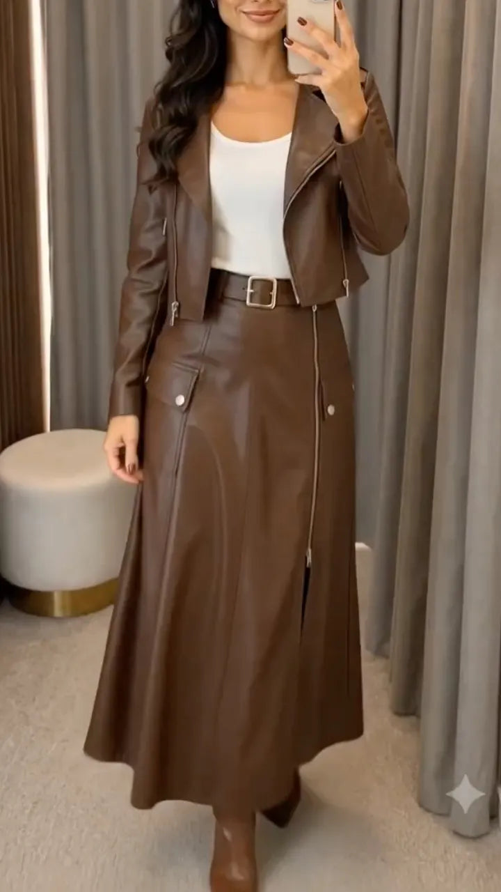 Brown Faux Leather Jacket Midi Skirt Outfit
