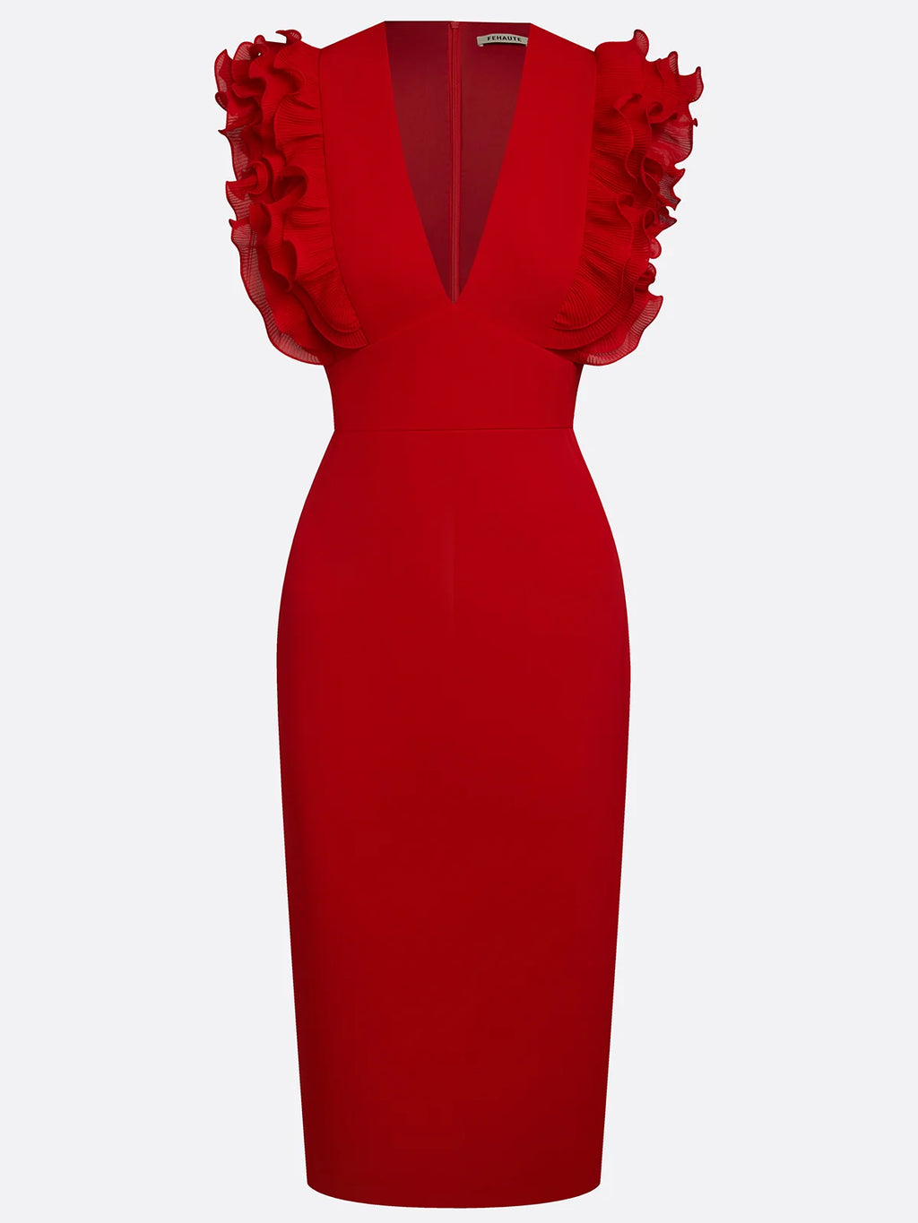 Red Peplum Classic V Neck Sleeveless Sheath Midi Dress