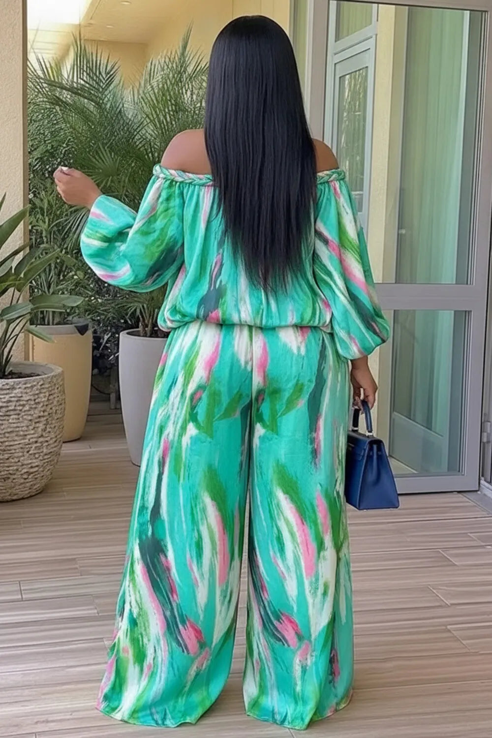 Tie Dye Braided Off Shoulder Top Wide Leg Pants 2pcs Set-Orange [Pre Order]