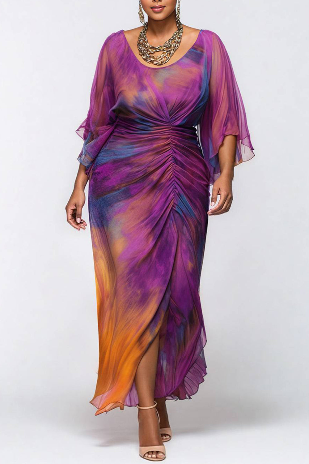复制Xpluswear Design Plus Size Cocktail Party Purple Tie Dye Round Neck Flare 3/4 Sleeve Ruched Chiffon Maxi Dresses