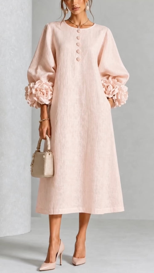 3D Flower Cuff Linen Blend Midi Dress