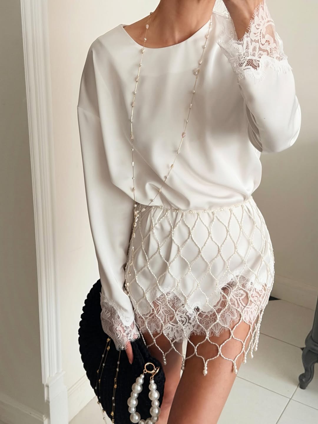 Satin & Lace Paneled Dress with Pearl-Embellished Mesh Belt — Two-Piece Set