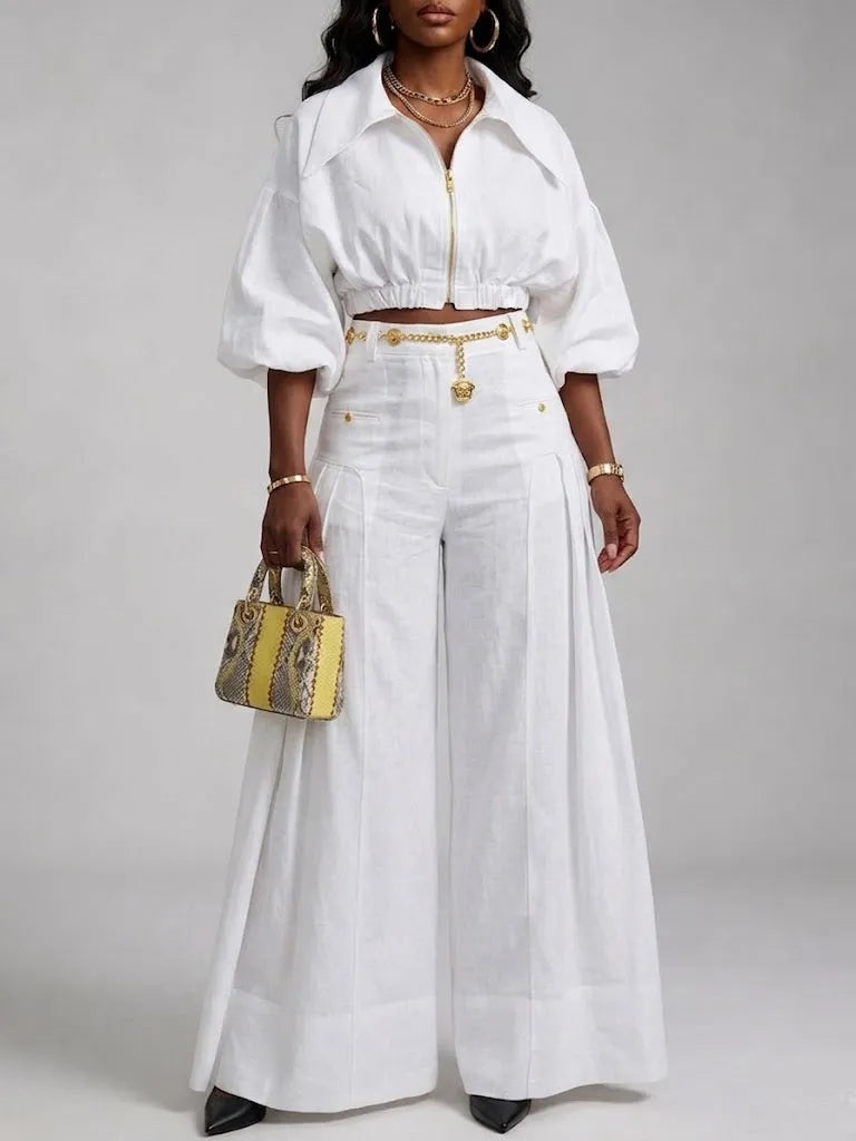 Casual Two-piece Set Featuring A Cropped Linen-cotton Jacket With A Front Zip And Wide-leg Trousers.