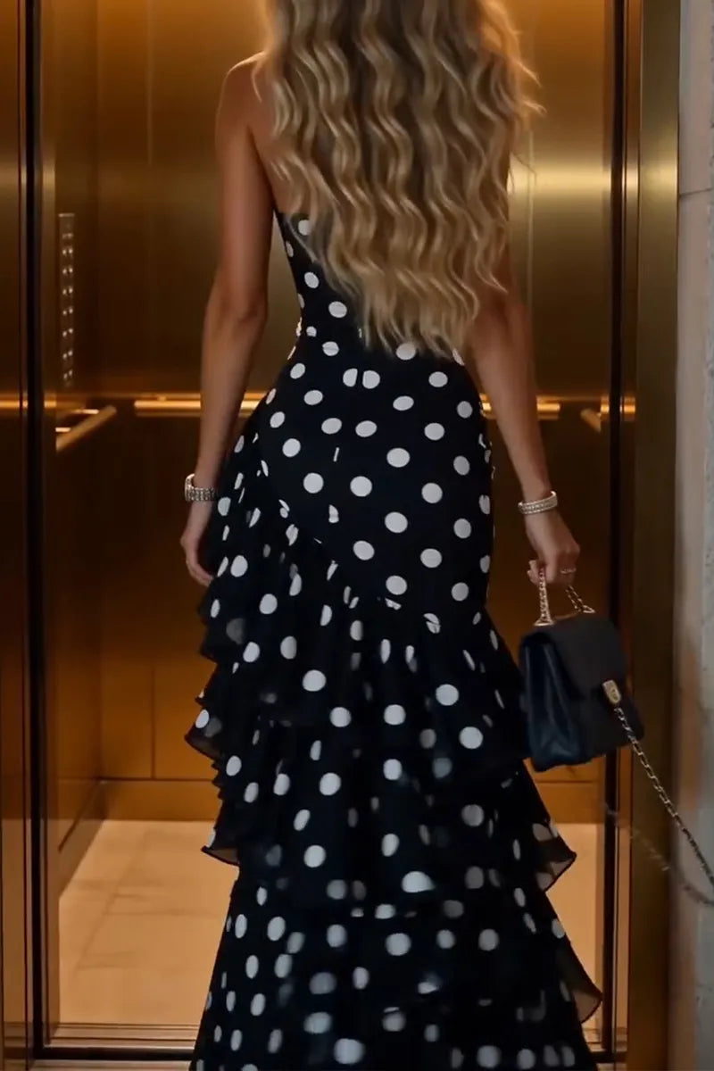 Polka Dot Ruffle Slit Maxi Mermaid Dress