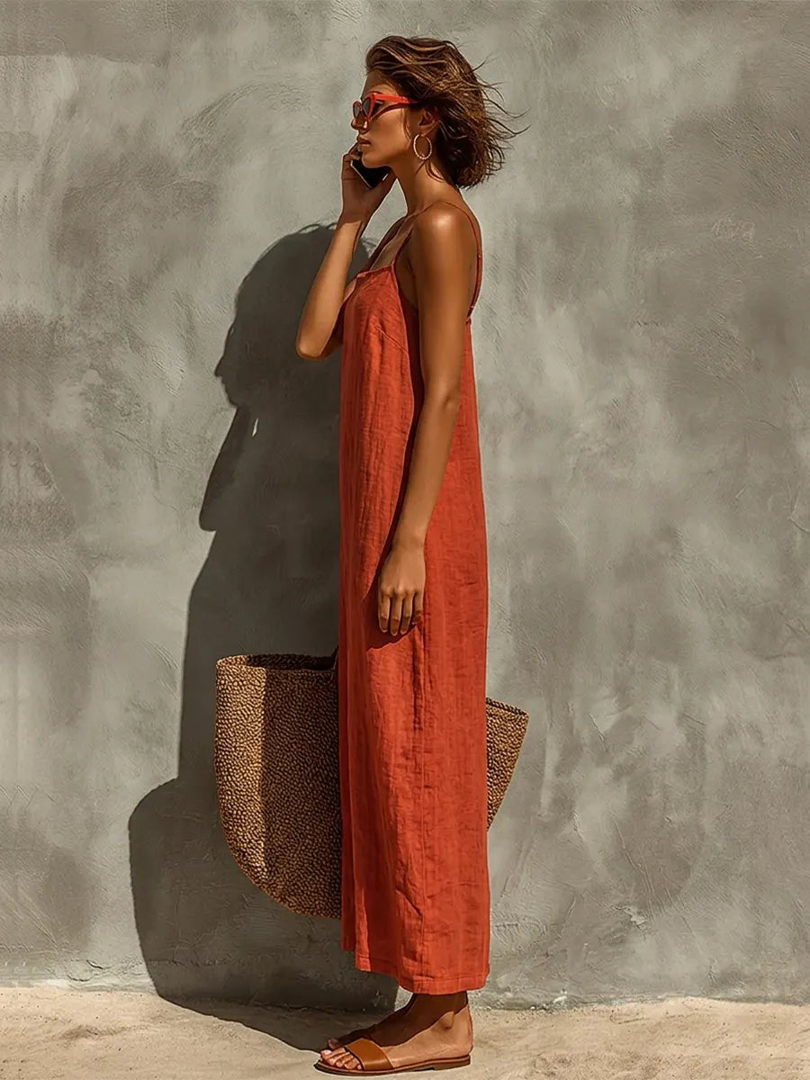 Women's Red Cotton Dress With Spaghetti Straps & Square Neck, Timeless Boho-Resort Style Dress MDZ0924C3I