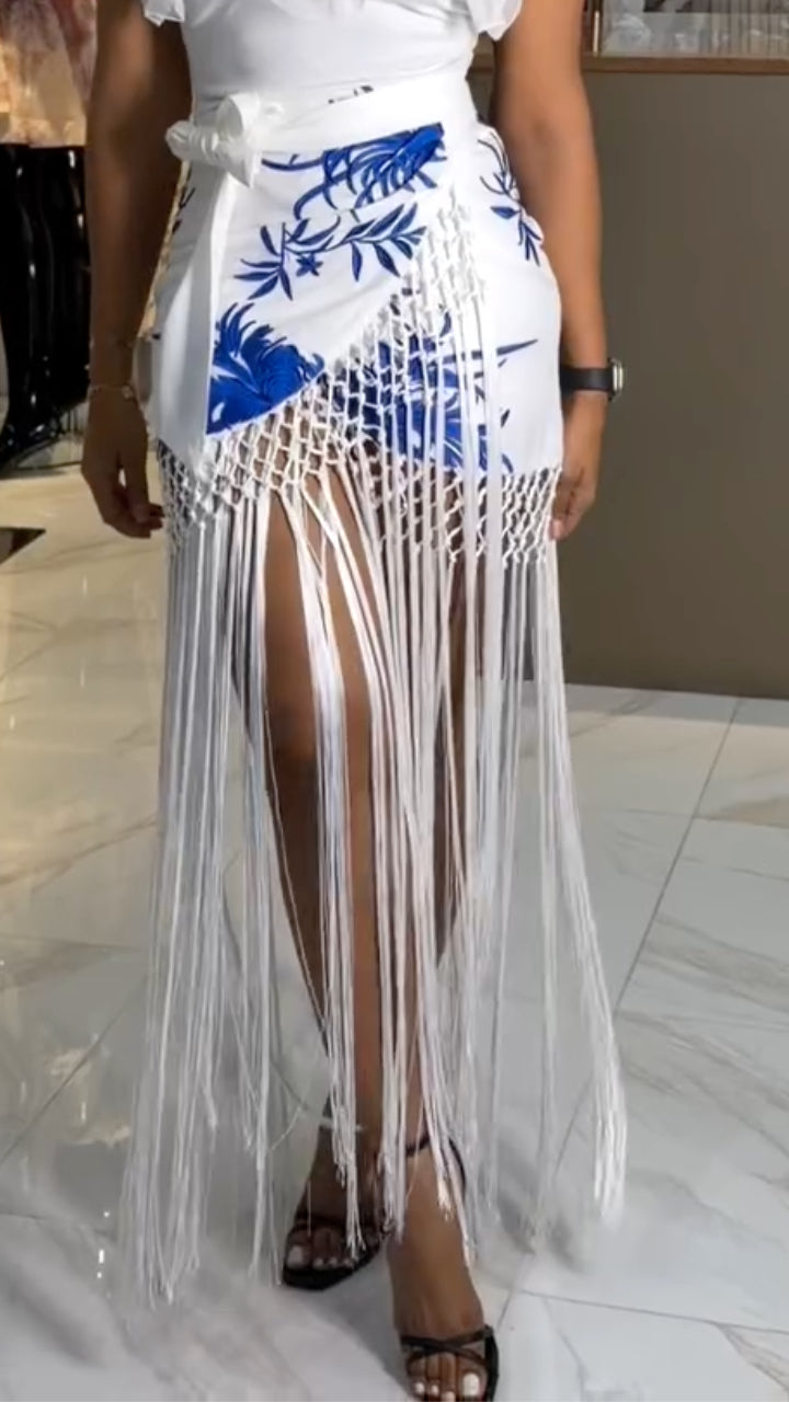 Blue Leaf Print Fringe Wrap Skirt