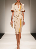 Apricot Wrap Dress Shirt Collar Short Sleeve Sheath Midi Dress