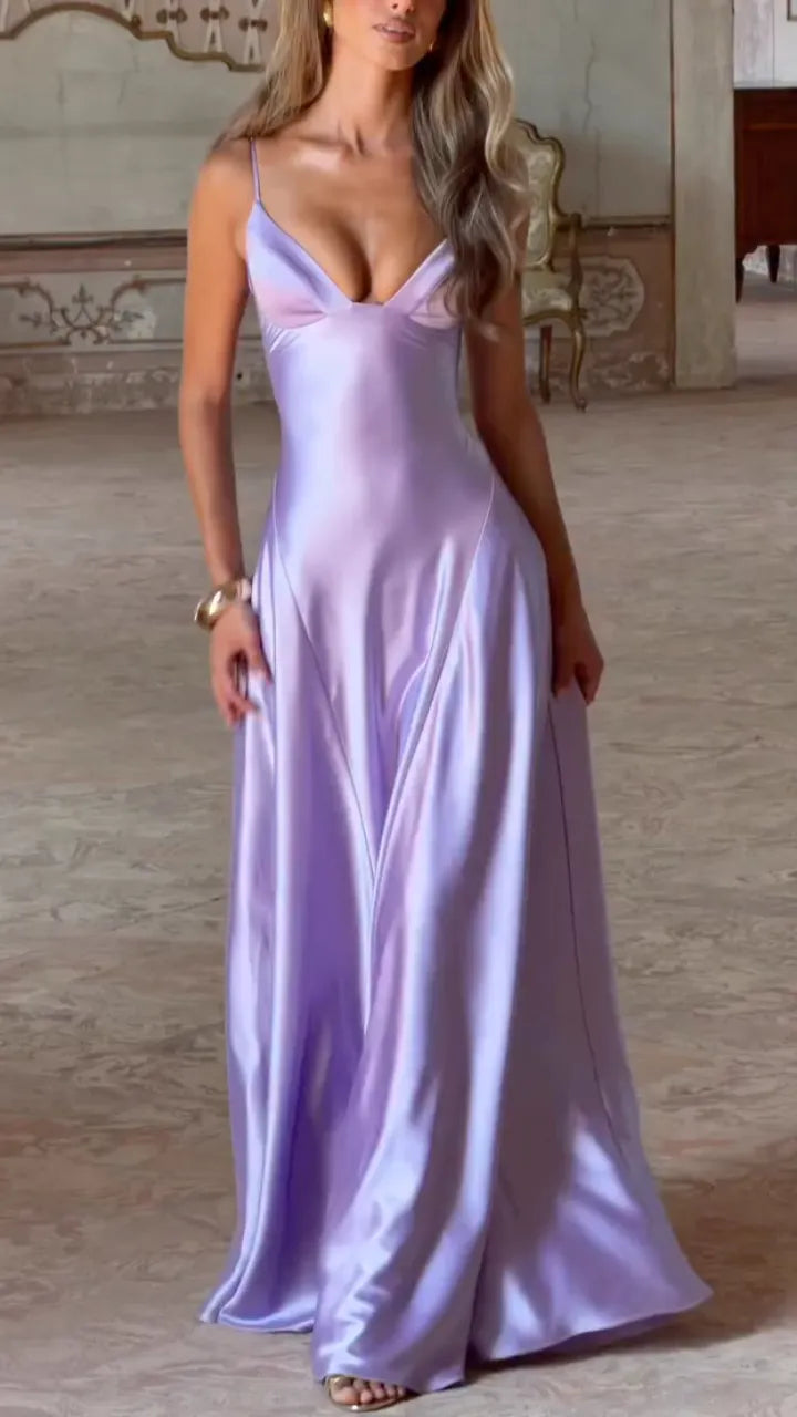 Lavender Satin V‑Neck Slip Maxi Gown