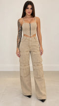 Denim Corset Top & Cargo Wide-Leg Pants Set