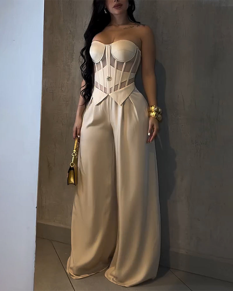 Strapless Mesh Cutout Corset Wide-Leg Jumpsuit