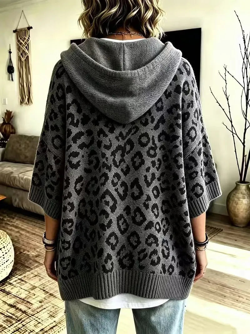 Comfortable And Casual Leopard-print Knitted Hoodie