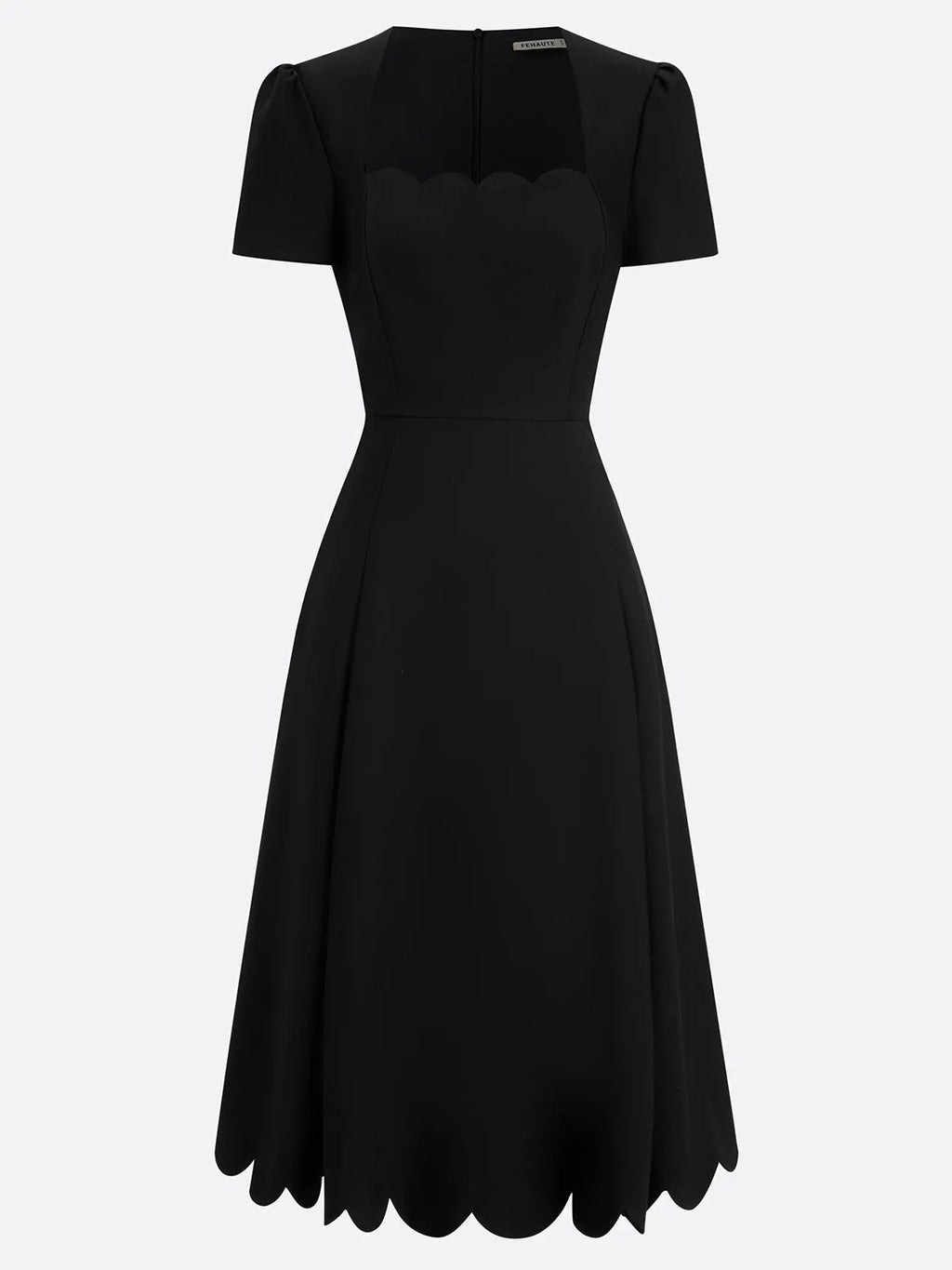 Black Asymmetric Classic Scalloped Square Neck Short Sleeve A-Line Midi Dress
