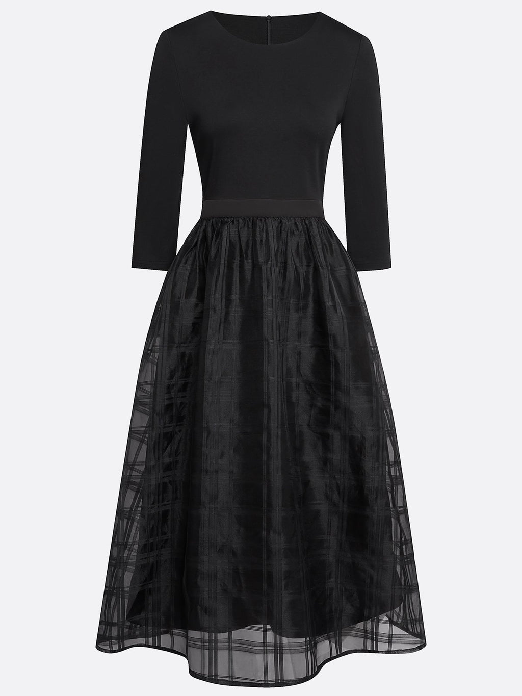 Black Organza Knit Crew Neck Half Sleeve A-Line Midi Dress