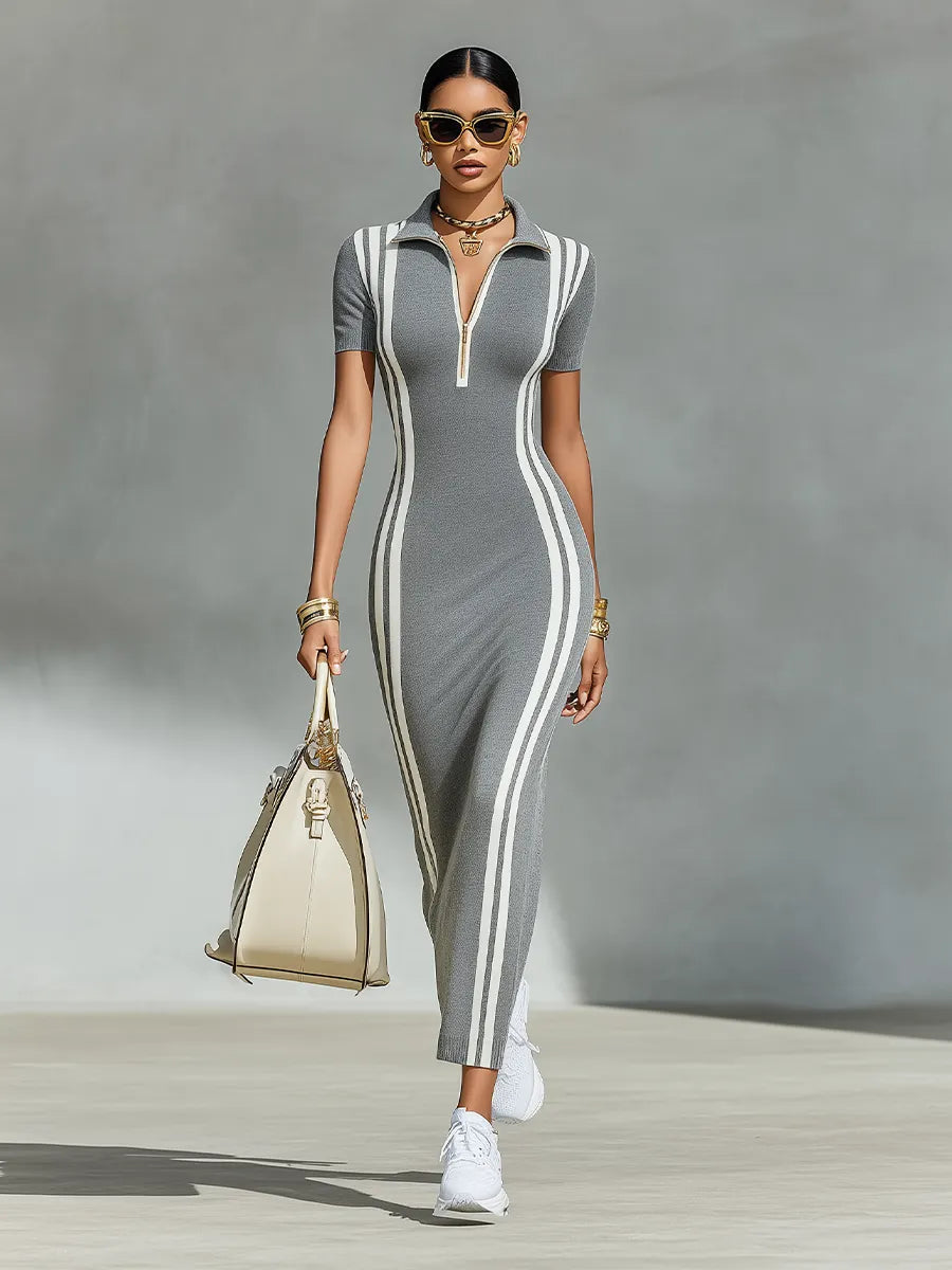 Women's Grey Stretchy Rib Knit Maxi Dress With Zip Polo Collar & Vertical Side Stripes, Chic Sporty Bodycon Pencil Dress MDZ2497F8LYL