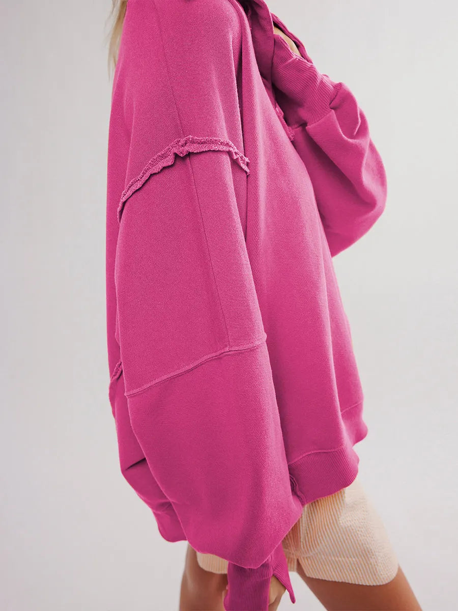 Casual Oversized Raw-edge Cotton Henley Sweatshirt