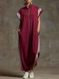 Striped Sleeveless Zipper Oversized Jumpsuit