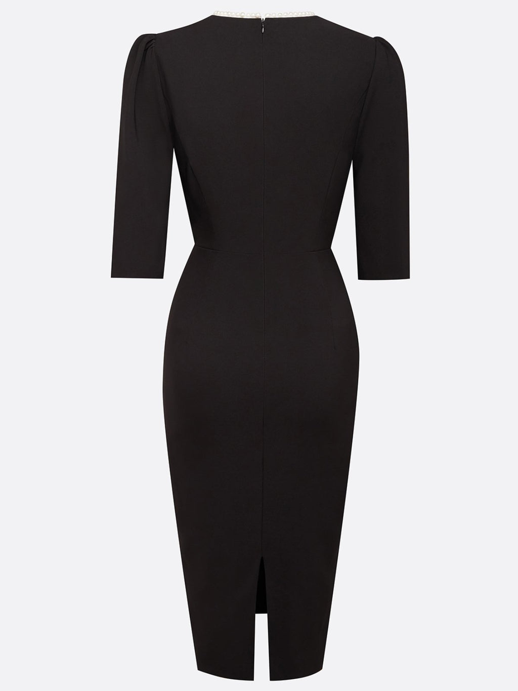 Black Faux Pearl V Neck Sheath Midi Dress