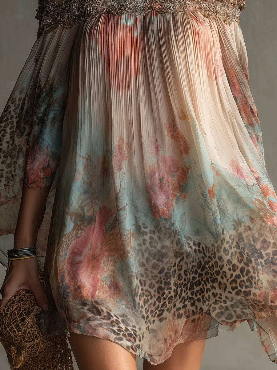 Bohemian Holiday Chiffon One-shoulder Lace Patchwork Leopard Print Mini Dress