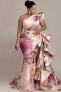 One Shoulder Floral Satin Mermaid Evening Gown