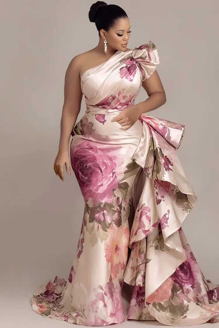 One Shoulder Floral Satin Mermaid Evening Gown