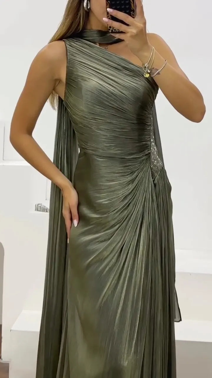 Draped Satin Maxi Evening Dress