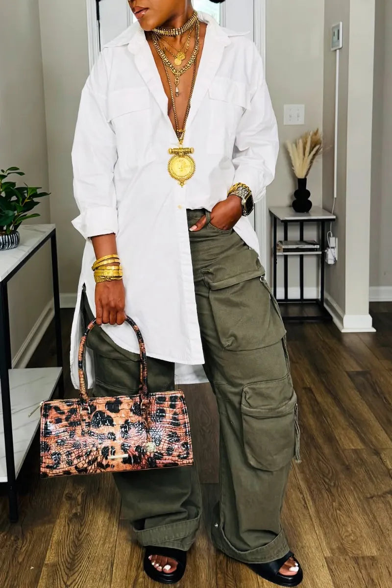 Oversized White Shirt & Cargo Pants Two‑Piece Outfit