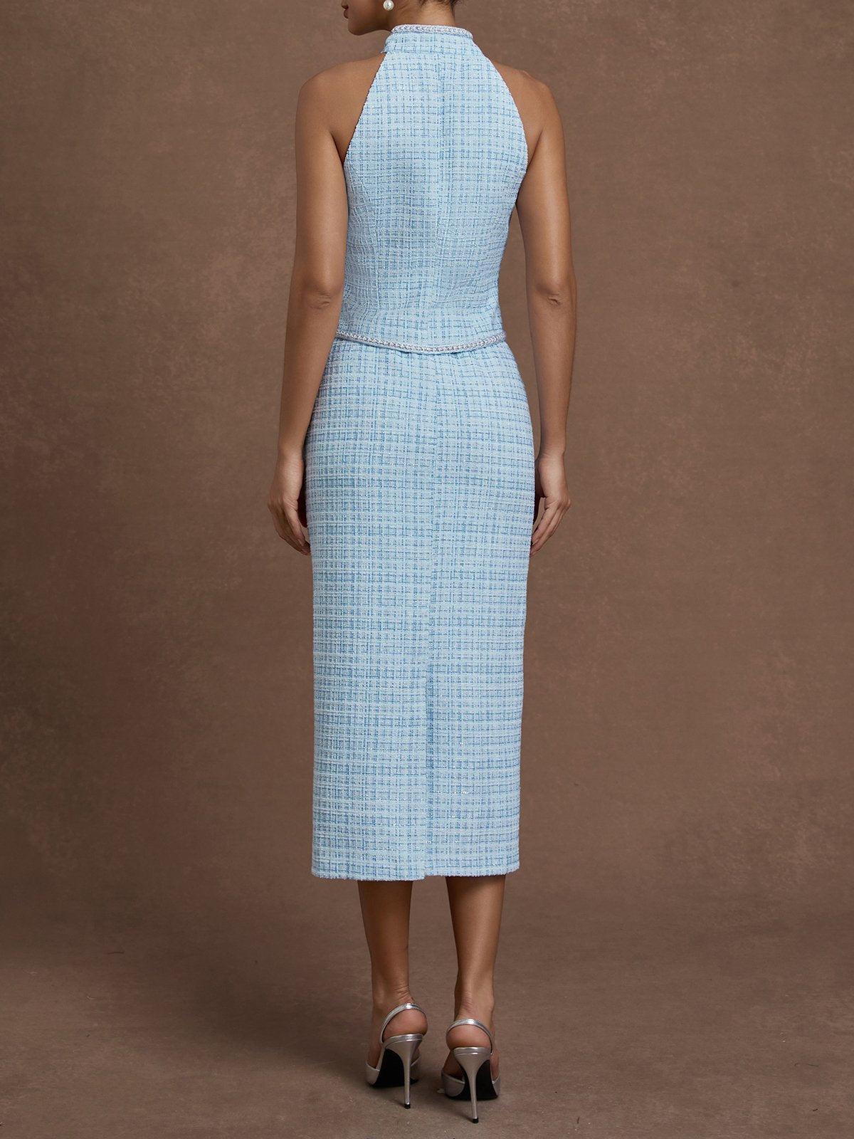 Women Blue Tweed Buckle Rhinestone Turtleneck Sleeveless Dressy Top With Skirt Two-Piece Set