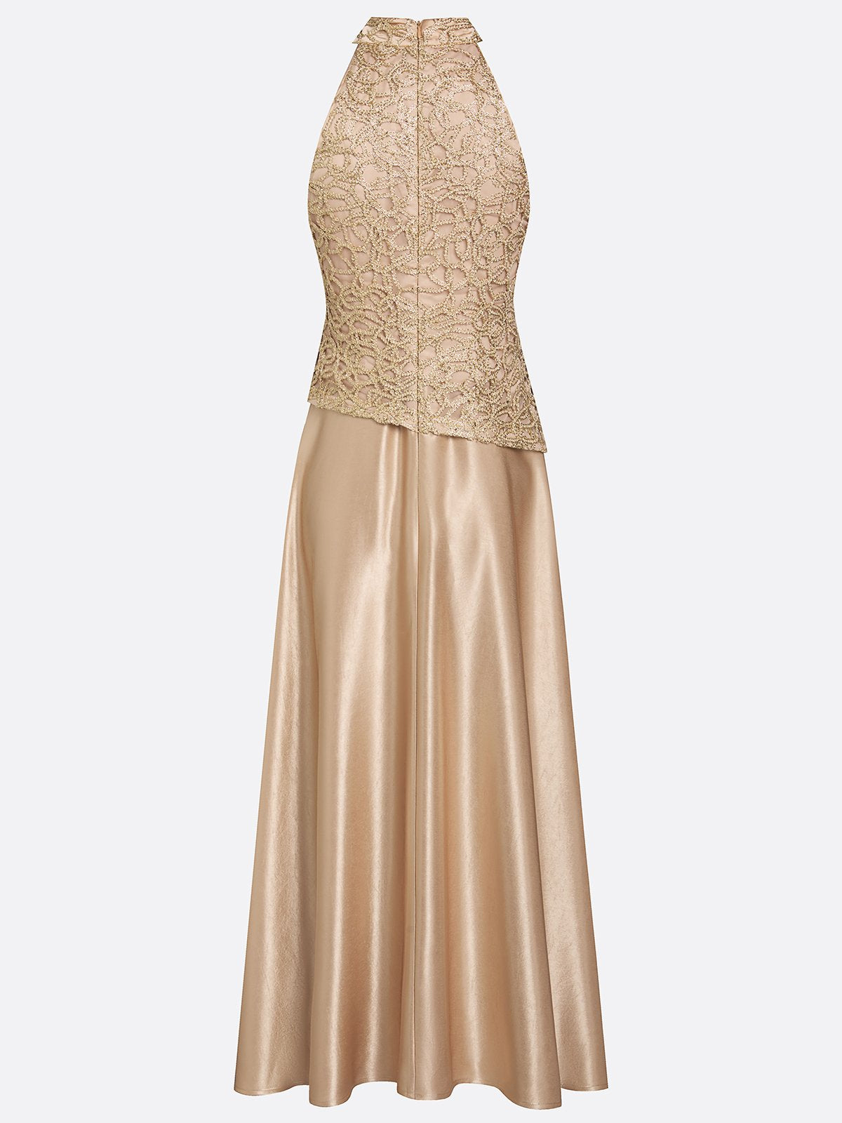 Champagne Lace Satin Halter Crew Neck Sleeveless A-Line Maxi Dress