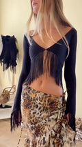Black Fringe Long Sleeve Top