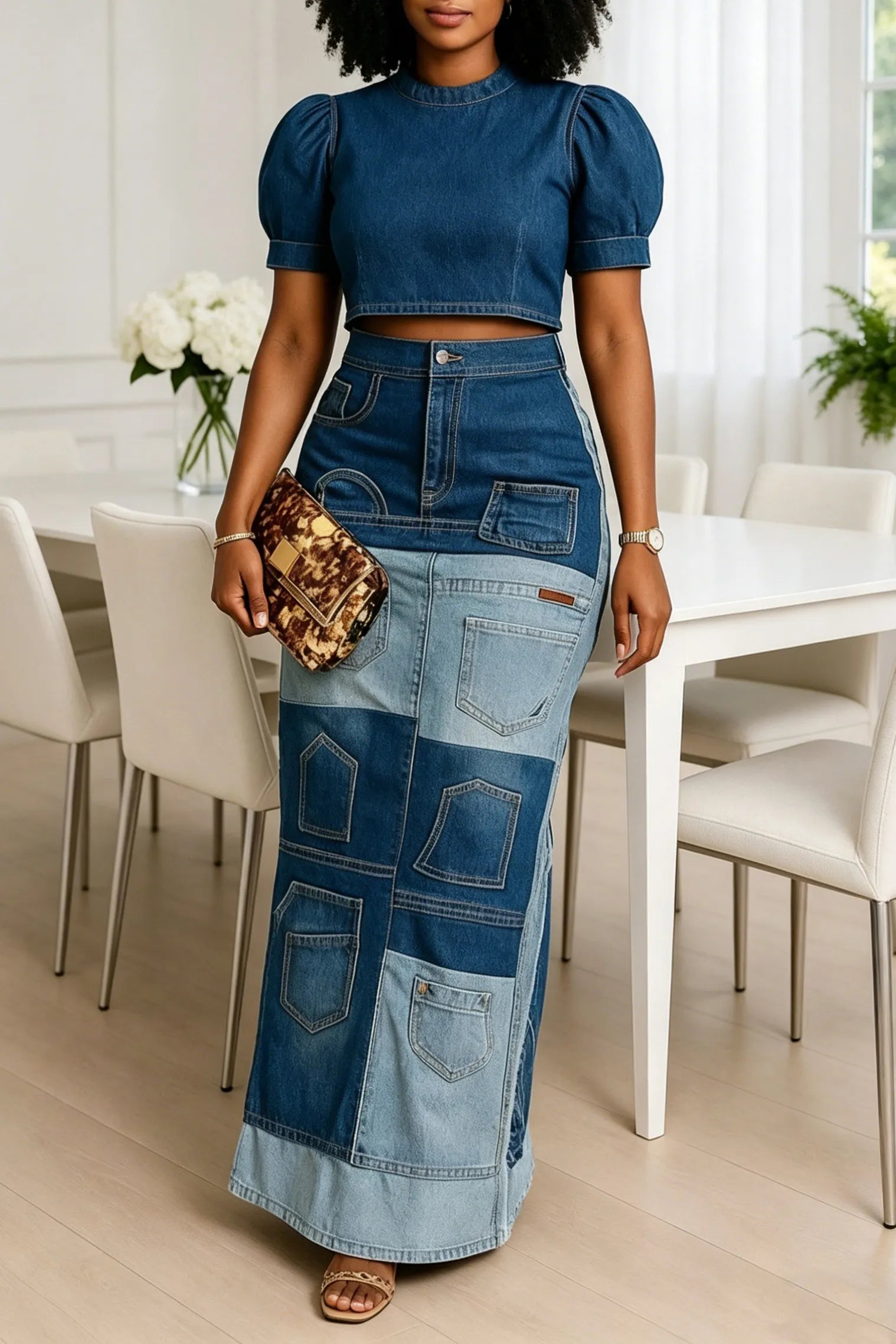Women's Fashion Denim Top & Patchwork Design Skirt