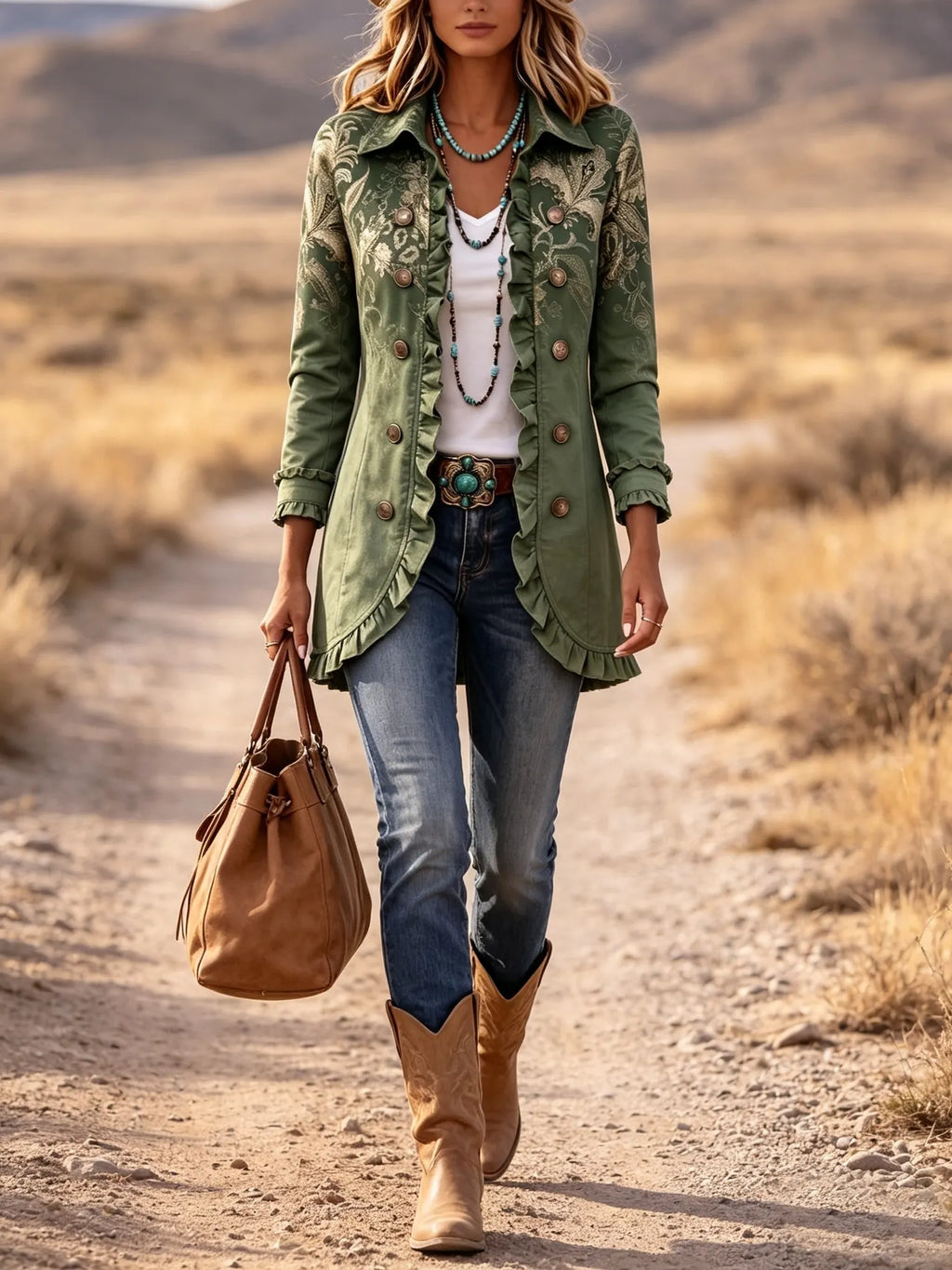 Bohemian Gold Floral Print Ruffle Jacket