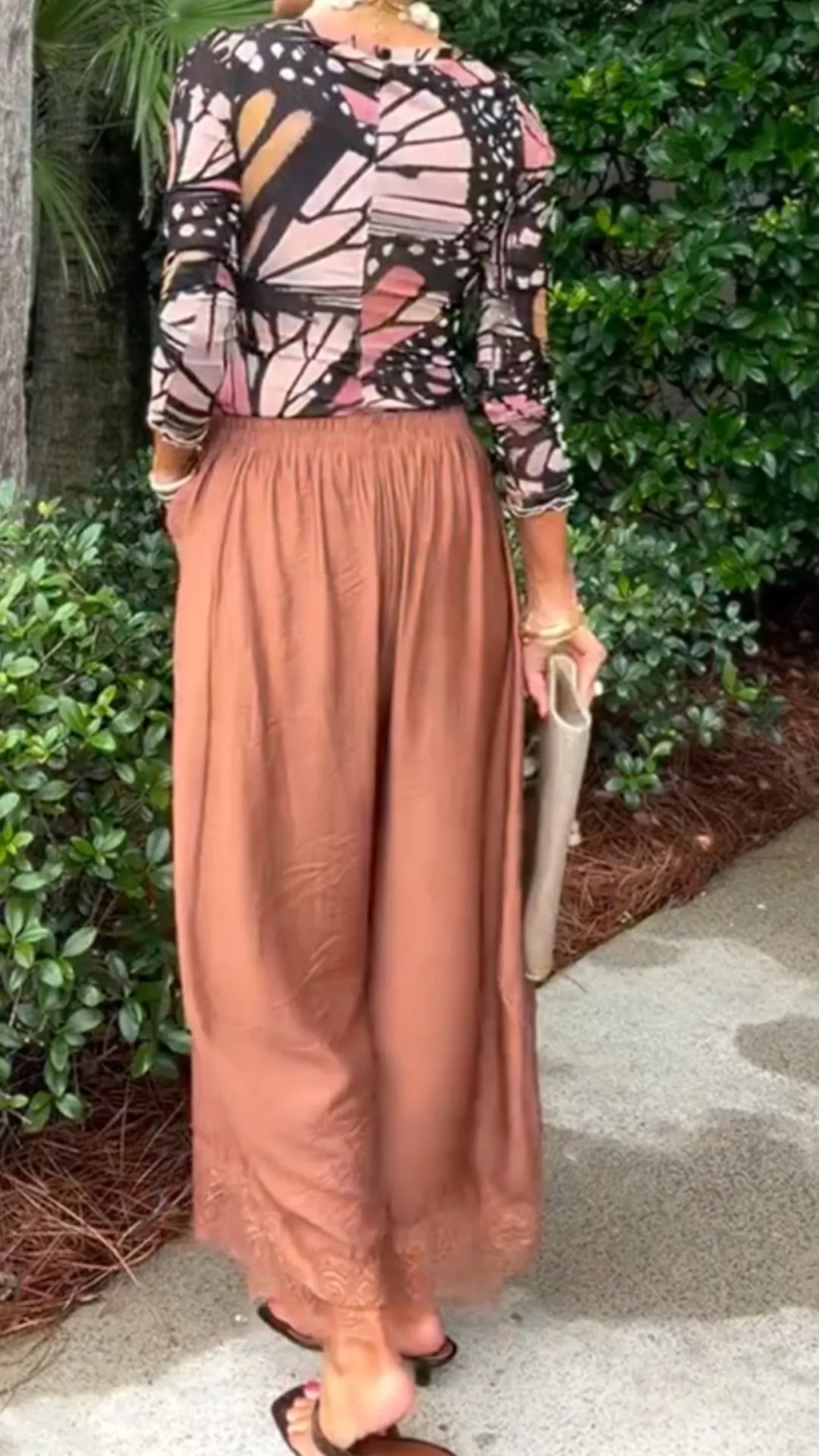 Butterfly Print Mesh Top & Lace Hem Satin Wide Leg Pants
