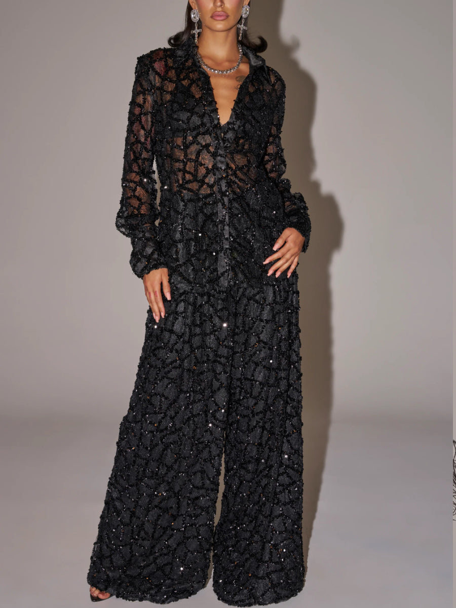 Sequin Sheer Shirt & Wide Leg Pants Two‑Piece Set