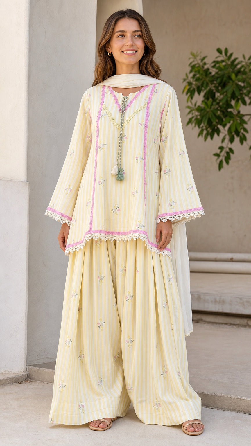Women's Ethnic Striped Kurti with Sharara and Dupatta Set