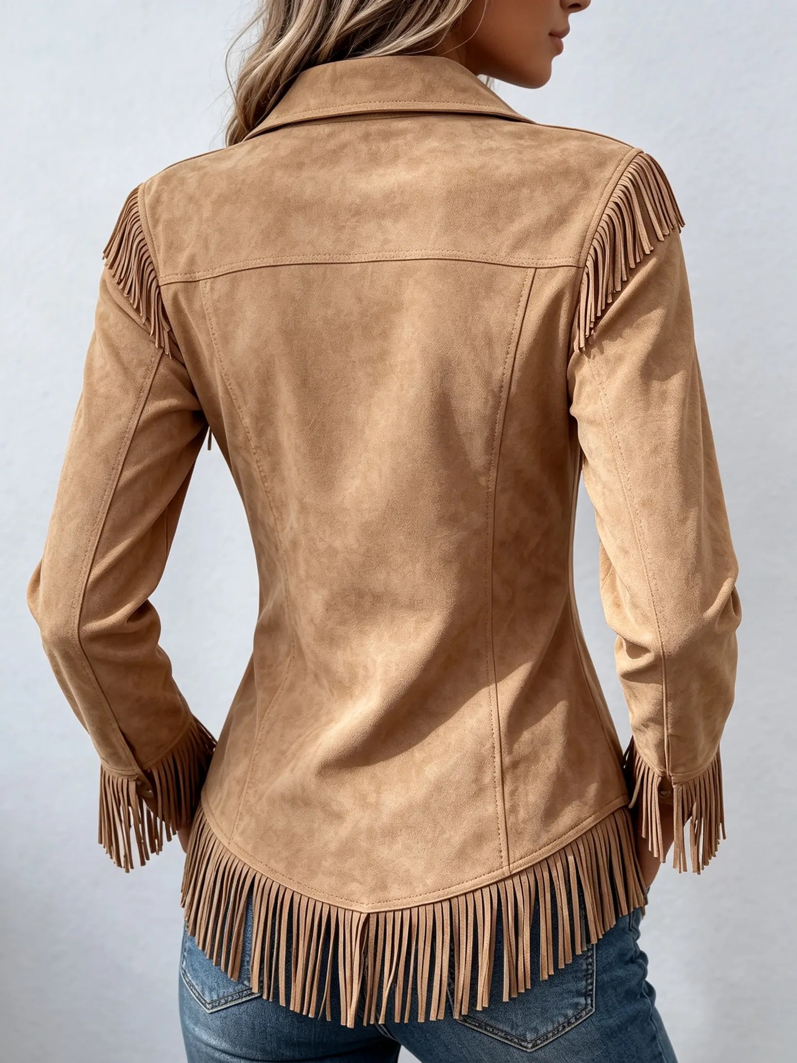 Boho Fringed Suede Button-down Shirt