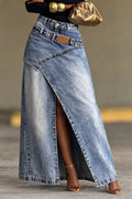 High Waist Asymmetric Wrap Denim Maxi Skirt