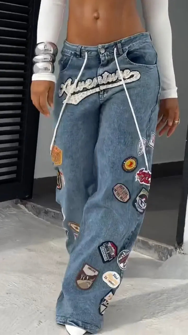 Patch Graphic Patchwork Wide Leg Baggy Denim Jeans