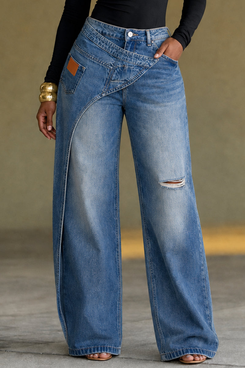 Cross Over Waist Distressed Wide Leg Jeans