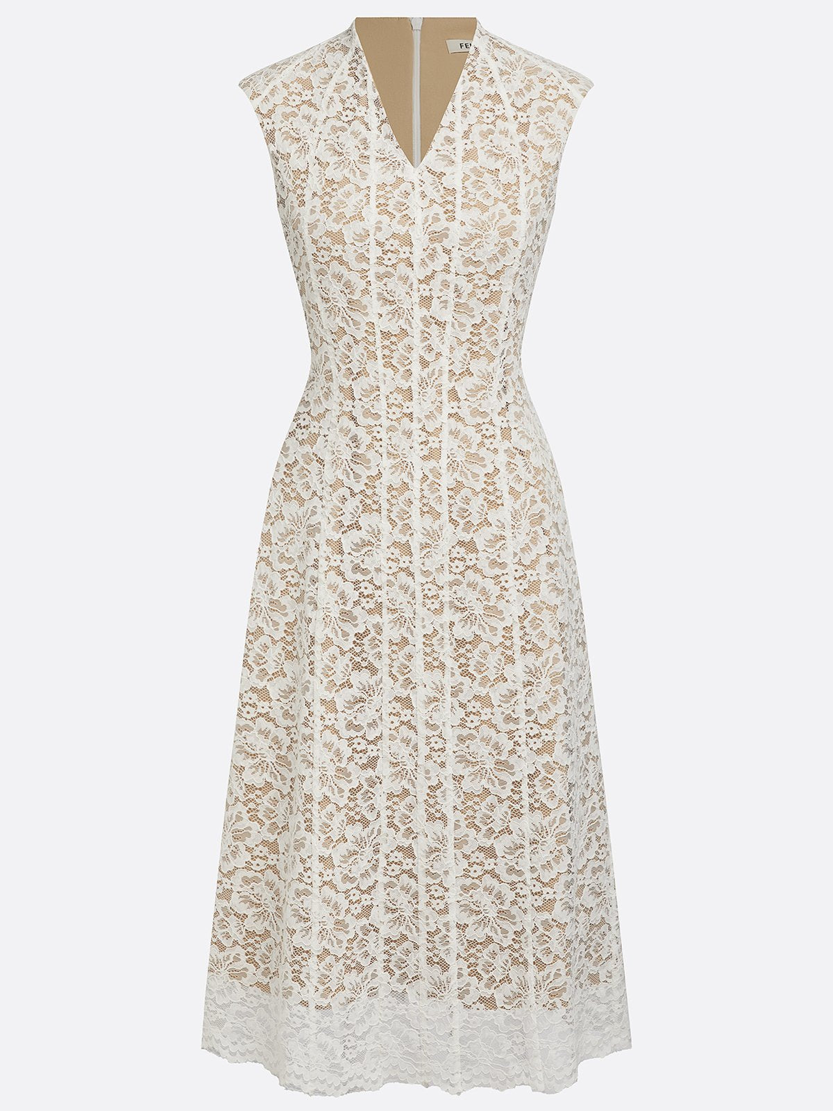 White Lace V Neck Sleeveless A-Line Midi Dress