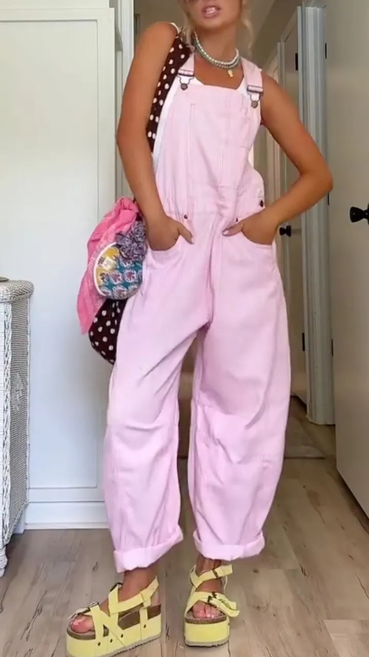 Pastel Pink Corduroy Loose Overalls