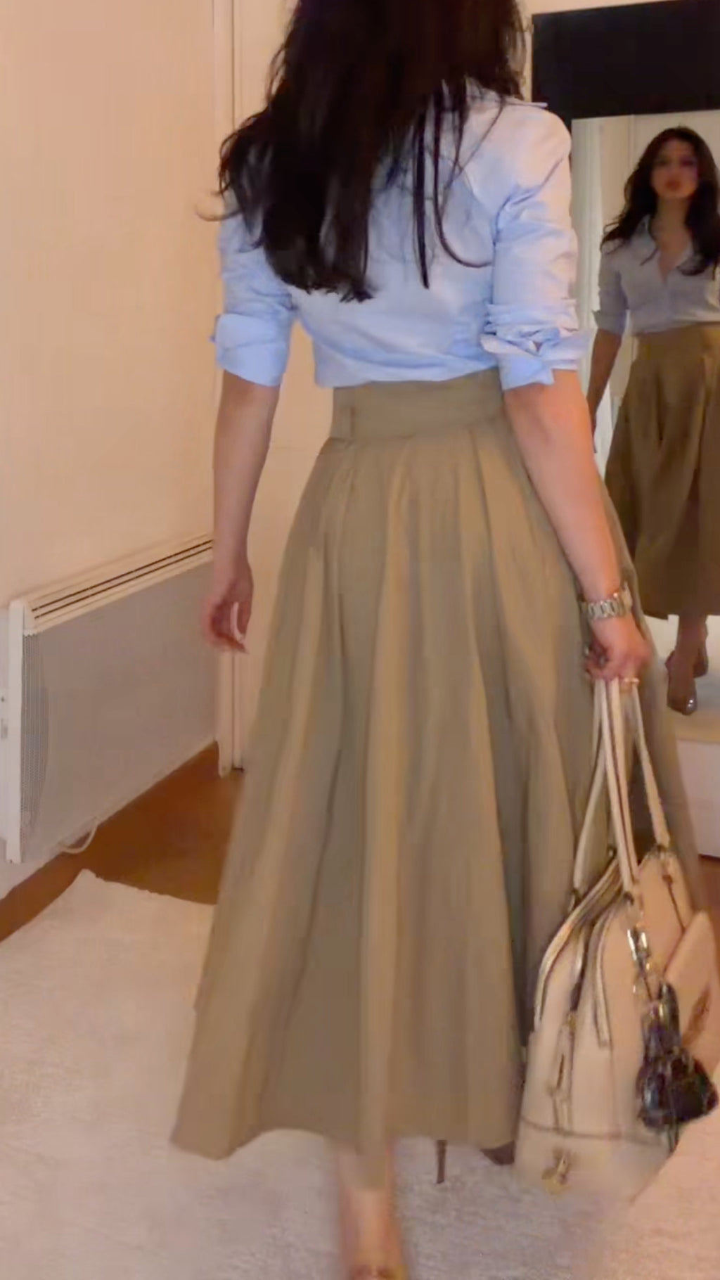 Shirt And Khaki Pleated Midi Skirt 2 Piece Outfit