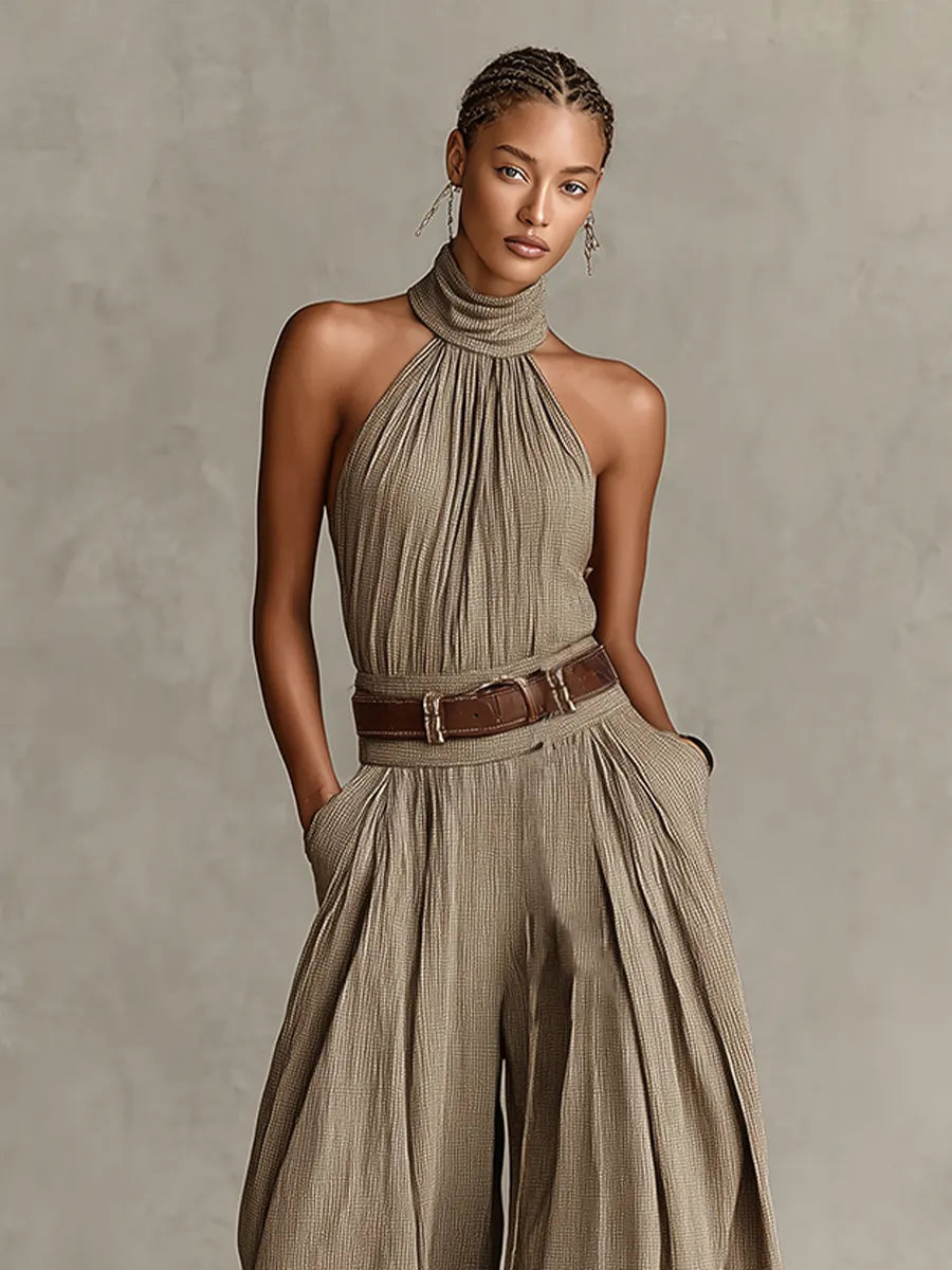 Women's Taupe Cotton-Blend Jumpsuit With Halter Neck & Wide-Leg Silhouette, Timeless Boho-Elegant Style Jumpsuit (Without Belt) MDZ0940C3I