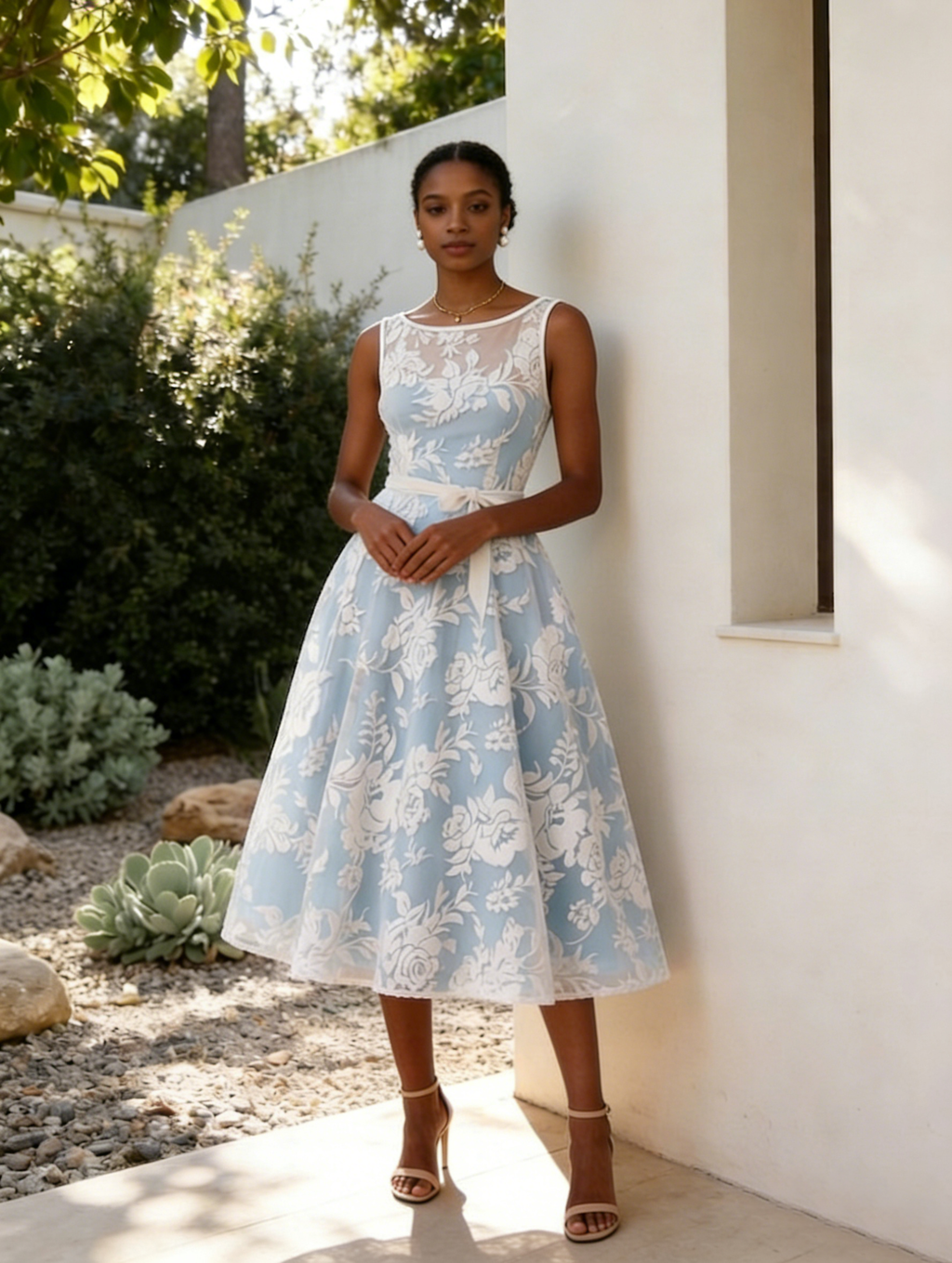 Light Blue Jacquard Floral Classic Boat Neck Sleeveless A-Line Midi Dress
