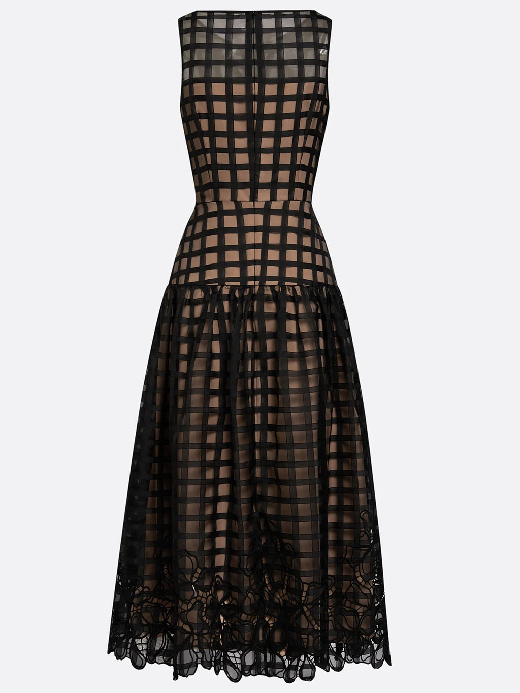 Black Floral Plaid Classic Boat Neck Sleeveless A-Line Midi Dress