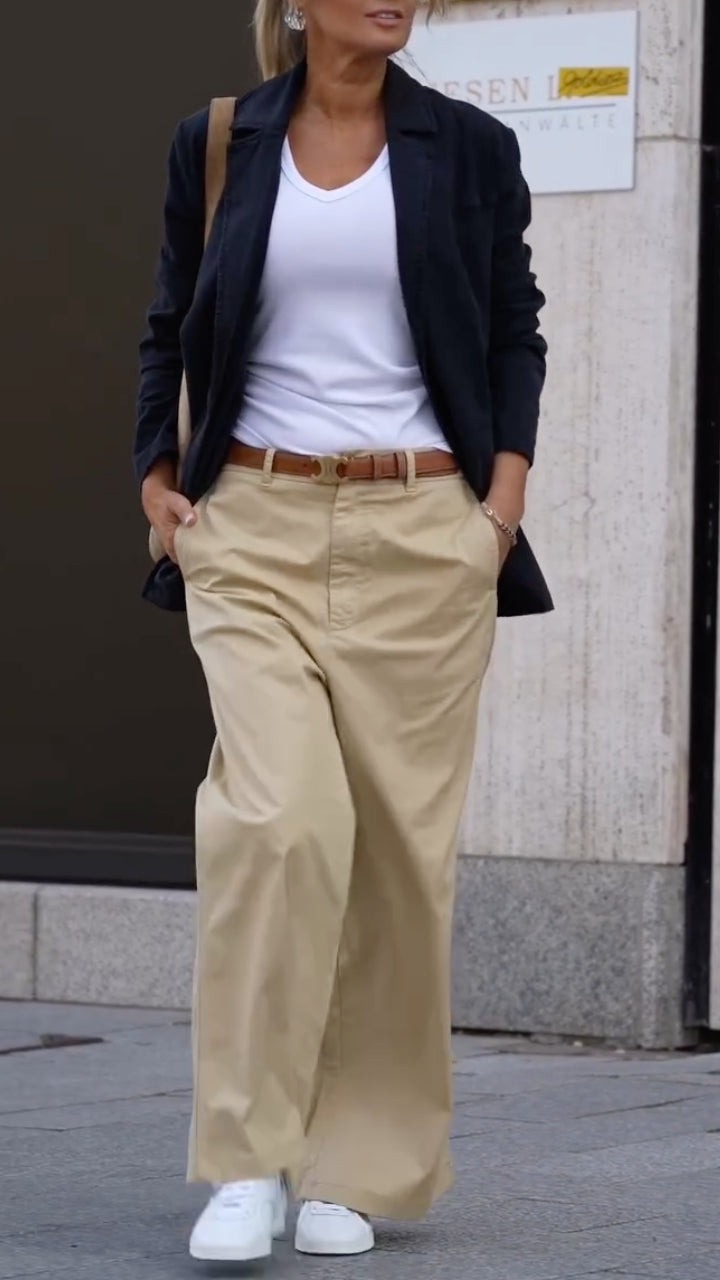Navy Blazer & Khaki Wide‑Leg Trousers Matching Set