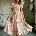 Women's Retro Bohemian Floral Irregular Color-blocked Round Neck Dress