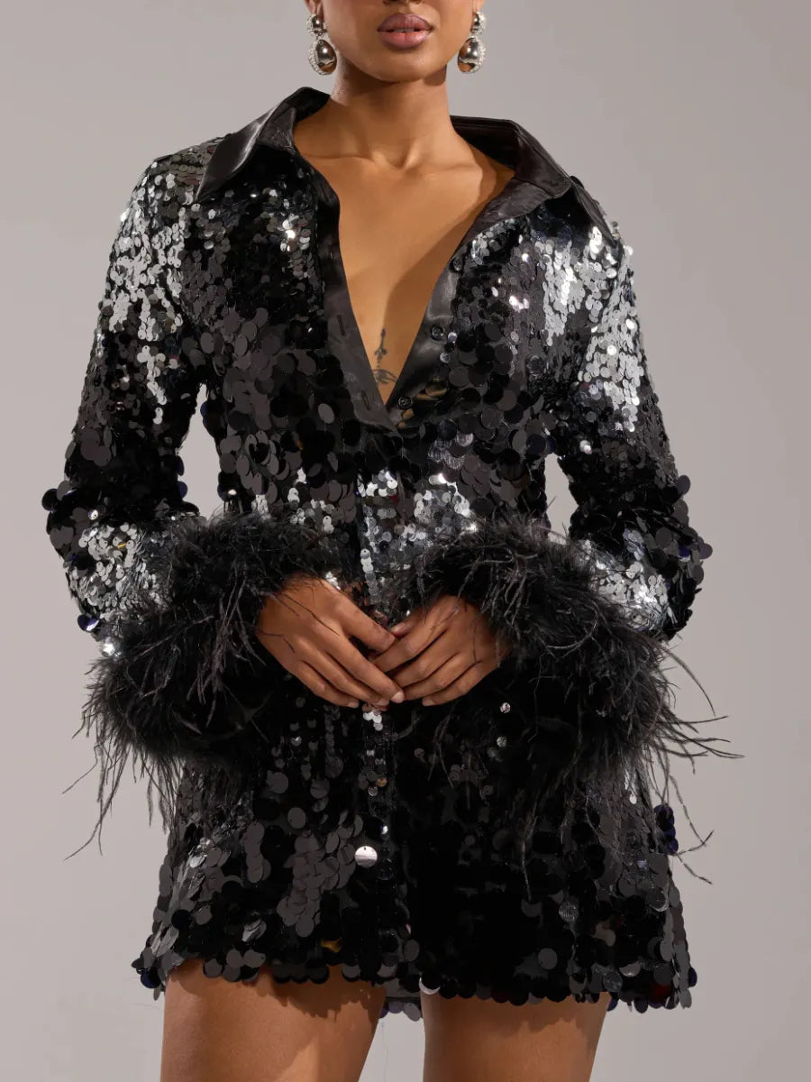 Sequin Feather Collared Mini Dress