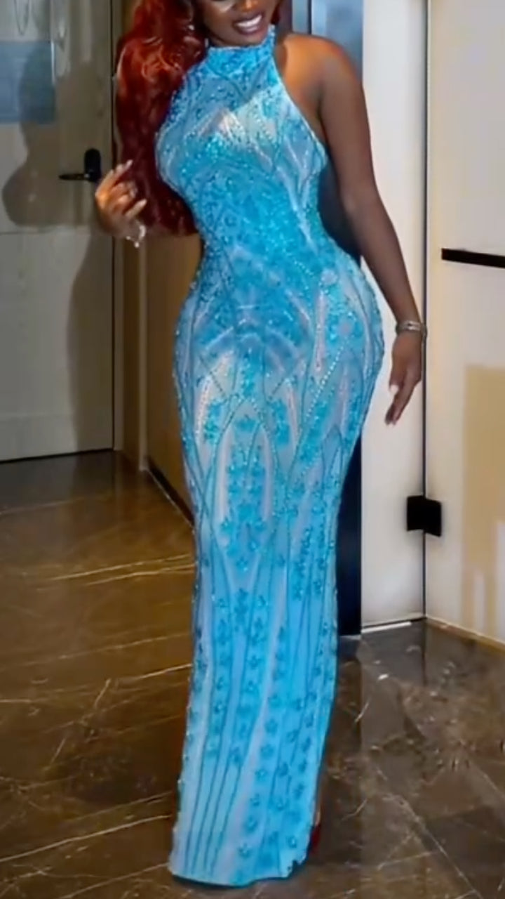 Rhinestone Halter Mermaid Formal Gown
